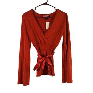 SayWhat  Y2K Women's Red Metallic Faux Wrap Sweater with Tie size L